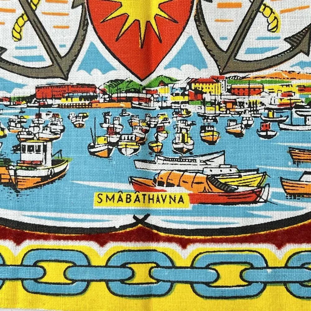 Table Mat Norway Fabric Bodo Landmarks Red Yellow 16x11 Colorful Souvenir Vtg